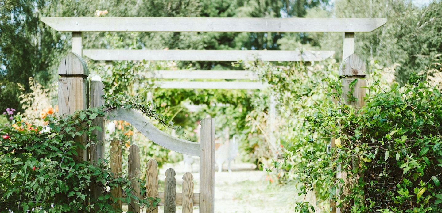 gravel path through a wooden gate with arch covered in climbing plants